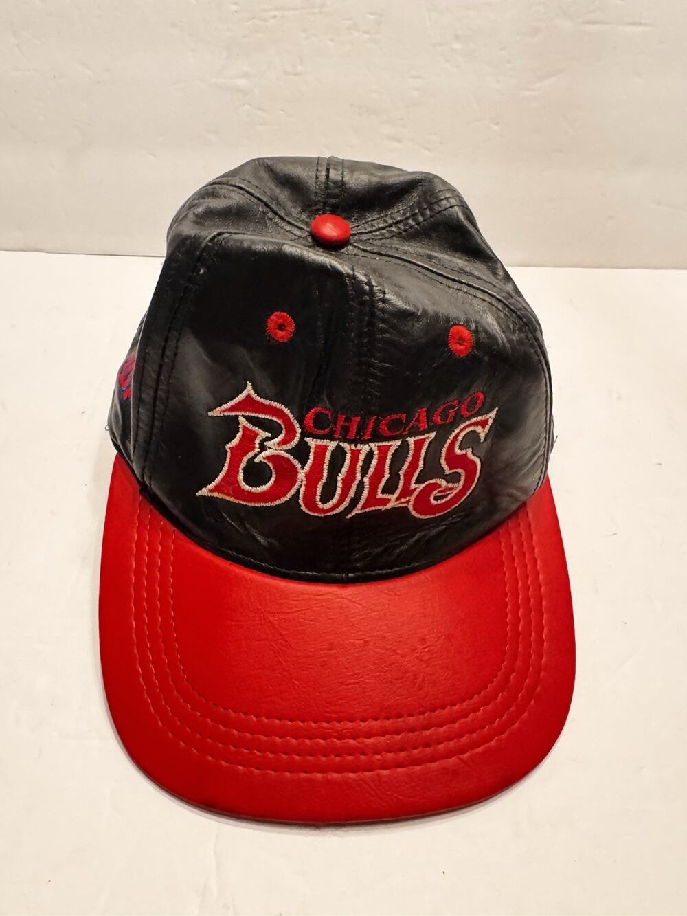 Vintage Leather Chicago Bulls Baseball Hat Cap Black Made In USA 1990s